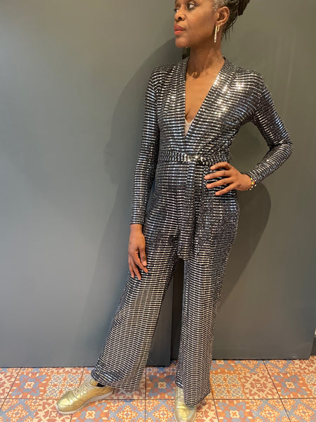 Dancing Queen Jumpsuit in Black with Silver Sequin - from the front