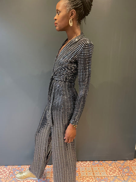 Dancing Queen Jumpsuit in Black with Silver Sequin - from the side