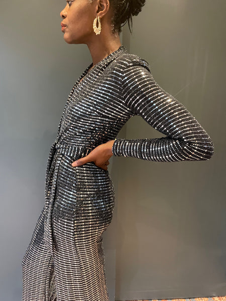 Dancing Queen Jumpsuit in Black with Silver Sequin - from the side close up