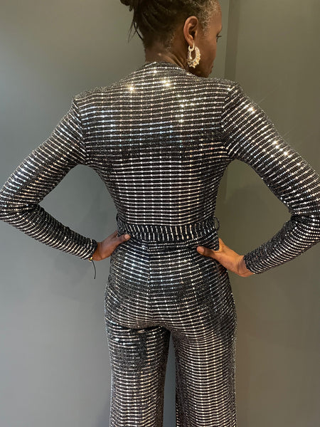 Dancing Queen Jumpsuit in Black with Silver Sequin - back view close up