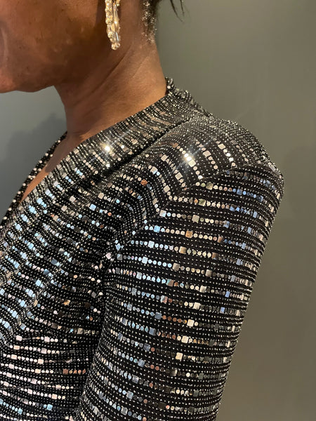 Dancing Queen Jumpsuit in Black with Silver Sequin - detail view