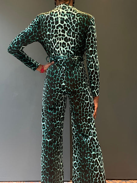 Jumpsuit in Green Leopard Print - back view