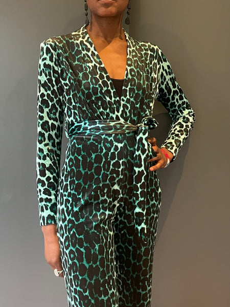 Jumpsuit in Green Leopard Print - front view close up