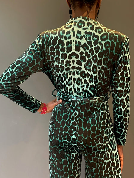 Jumpsuit in Green Leopard Print - back view 1