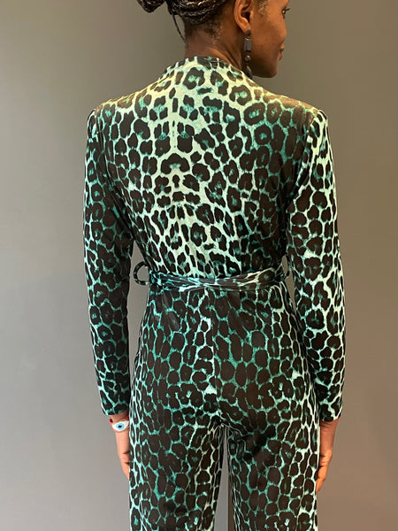 Jumpsuit in Green Leopard Print - back view 2