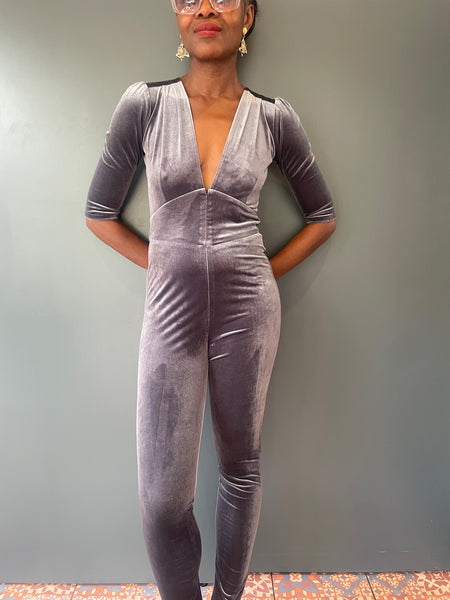 Grey Velvet Jumpsuit - front view