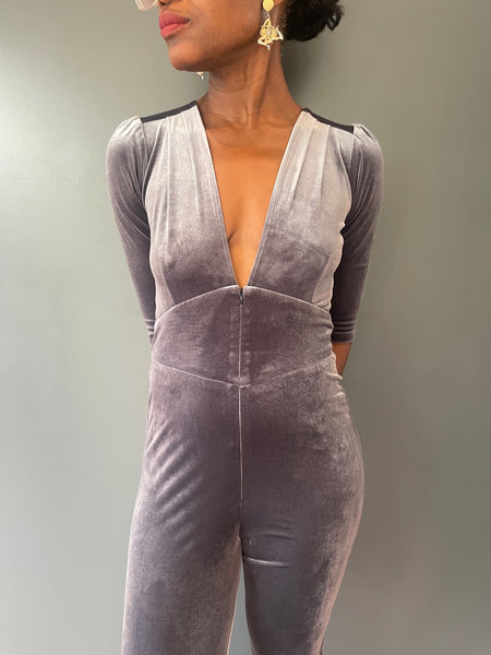 Grey Velvet Jumpsuit - front view close up