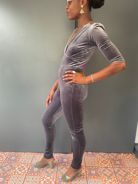 Grey Velvet Jumpsuit - side view 1