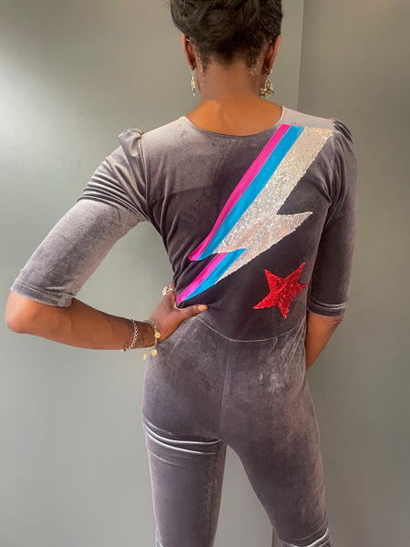 Grey Velvet Jumpsuit with Ziggy Stardust zap - back view detail