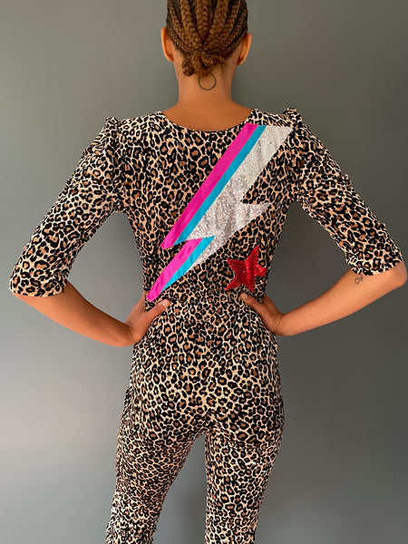 Ziggy Stardust Leopard Print Jumpsuit - back view with zap close up