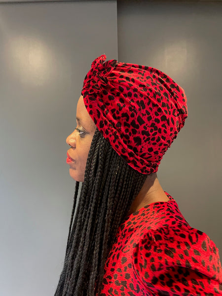 Jumpsuit in Pink Leopard Print - side view with matching turban