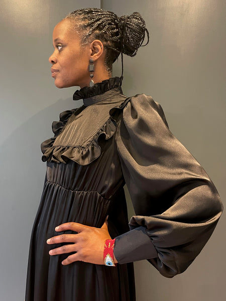 Prairie Dress in Black Silk - front and sleeve detail 2
