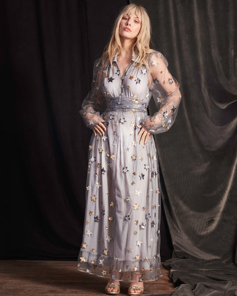 Blanche Dress in Grey Tulle - full front view 1