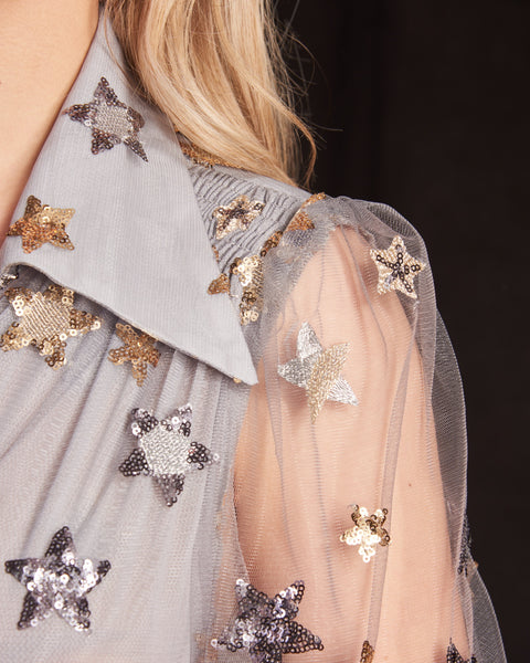 Blanche Dress in Grey Tulle - shoulder detail 2