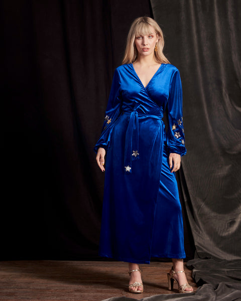 Babooska Dress in Blue Velvet - full front view 3