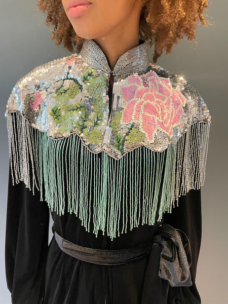 Rose Sequin Cape in silver and pink full view