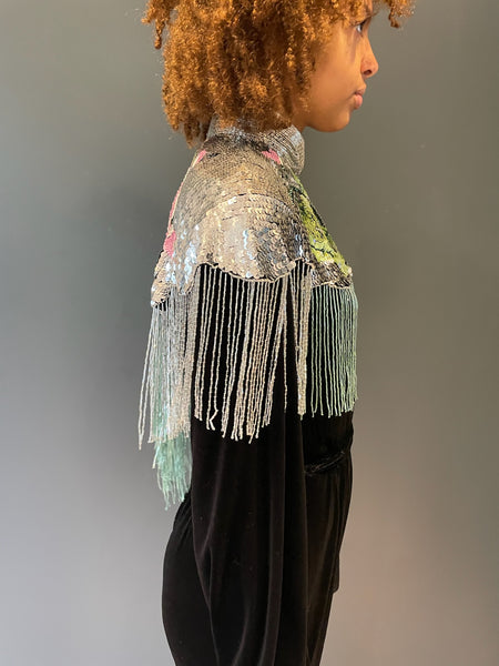 Rose Sequin Cape in silver and pink side view