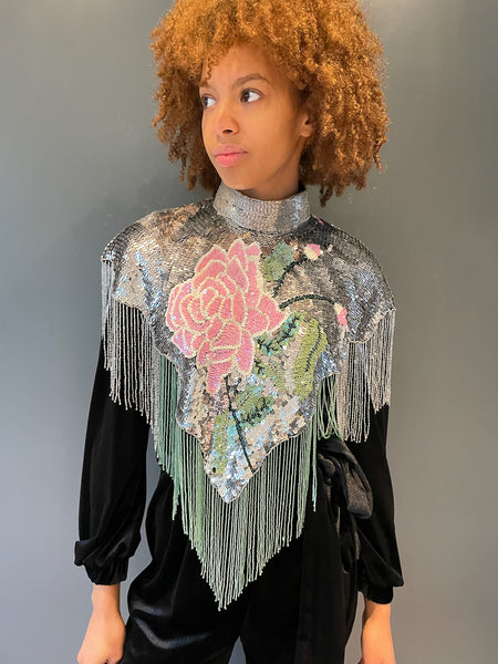 Rose Sequin Cape in silver and pink front view