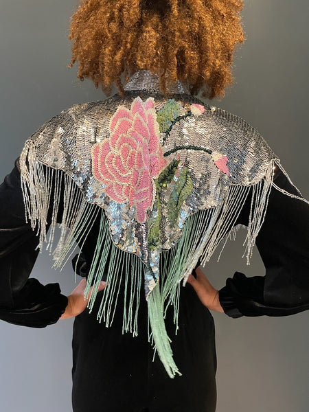 Rose Sequin Cape in silver and pink back