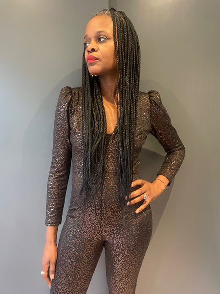 Jumpsuit in Black sequin - front view close up