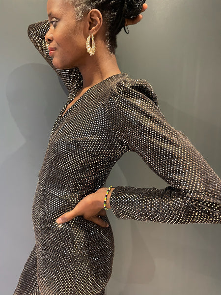 Jumpsuit in Black with Silver Sequins - side view close up