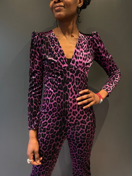 Pink Leopard Print Jumpsuit - front close up