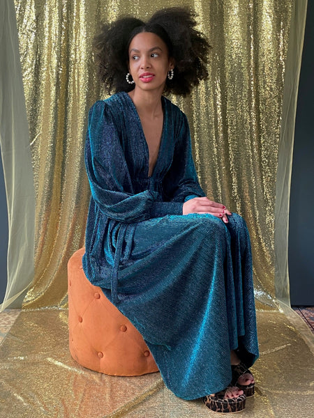 Percy Dress in Blue Glitter - front view sitting