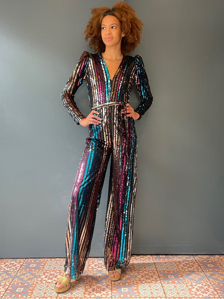 Elegant woman's jumpsuit in rainbow sequin - Front view