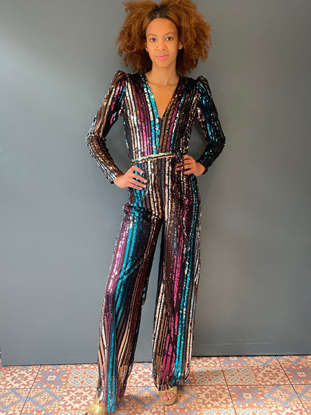 Elegant woman's jumpsuit in rainbow sequin - full view