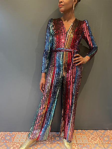 Jumpsuit in Red and Blue Rainbow Sequin Stripe - full front view