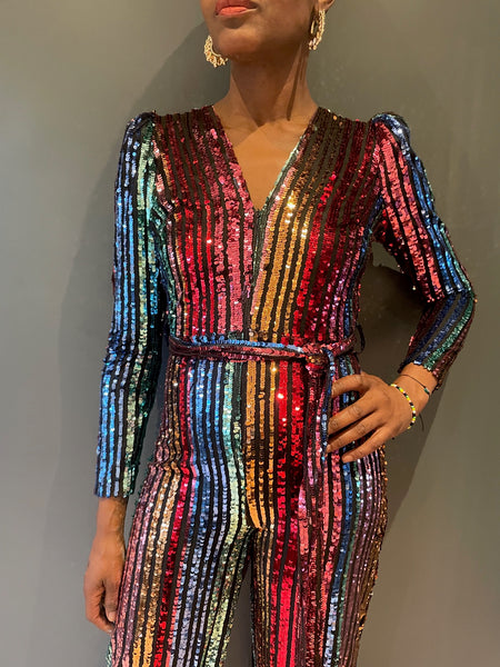 Jumpsuit in Red and Blue Rainbow Sequin Stripe - front close up