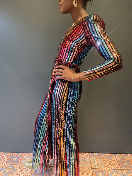 Jumpsuit in Red and Blue Rainbow Sequin Stripe - full side view 1