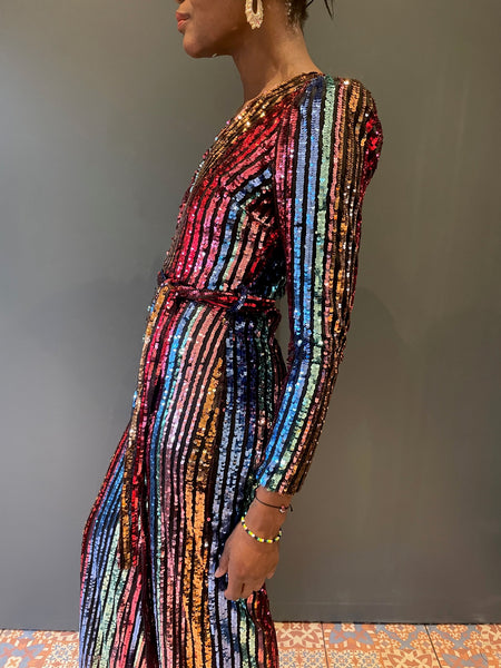Jumpsuit in Red and Blue Rainbow Sequin Stripe - full side view 2