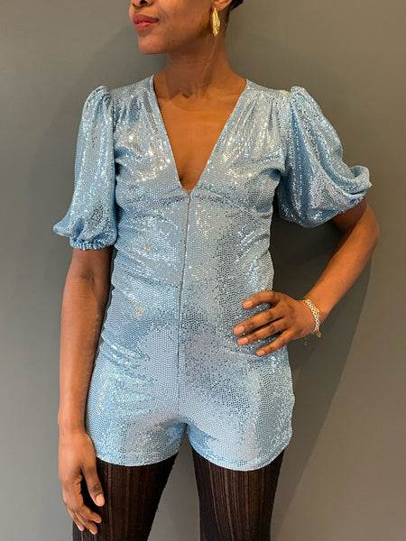 Sophie B Playsuit in light blue sequin close up