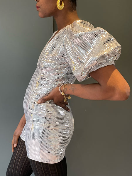 Silver playsuit for disco side view