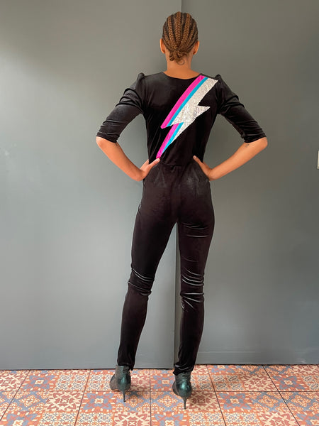 Black Velvet Jumpsuit with Bowie lightning bolt - rear view