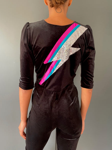 Black Velvet Jumpsuit with Bowie lightning bolt - rear view detail