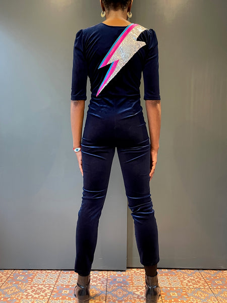 Blue Velvet Jumpsuit with Bowie's iconic zap in sequins