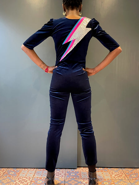 Blue Velvet Jumpsuit with Bowie's iconic zap in sequins - detail