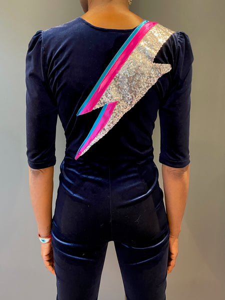 Blue Velvet Jumpsuit with Bowie's iconic zap in sequins - close up