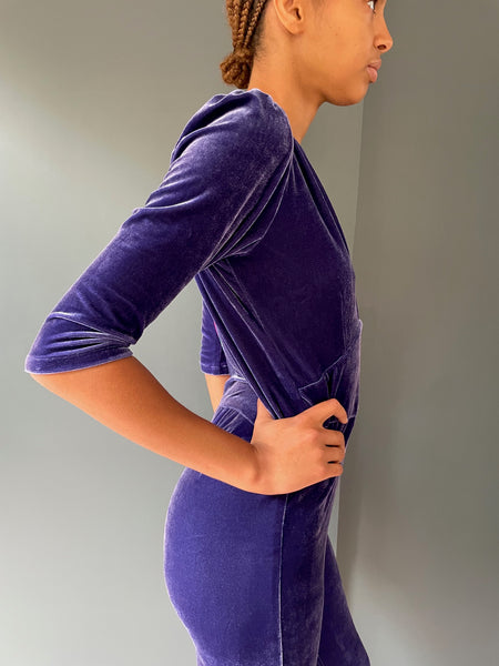 Purple Jumpsuit in purple velvet - side view 2