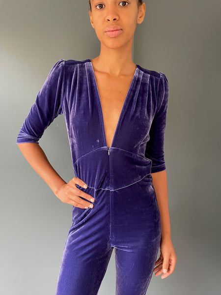 Purple Jumpsuit in purple velvet - front view 2