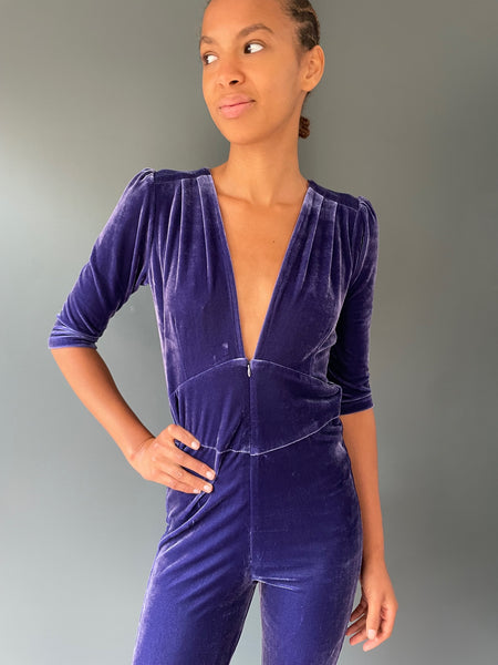 Purple Jumpsuit in purple velvet - front view 3