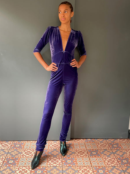 Purple Jumpsuit in purple velvet - front view