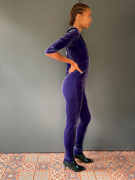 Purple Jumpsuit in purple velvet - side view