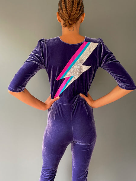 Purple Jumpsuit in purple velvet - David Bowie Zap detail