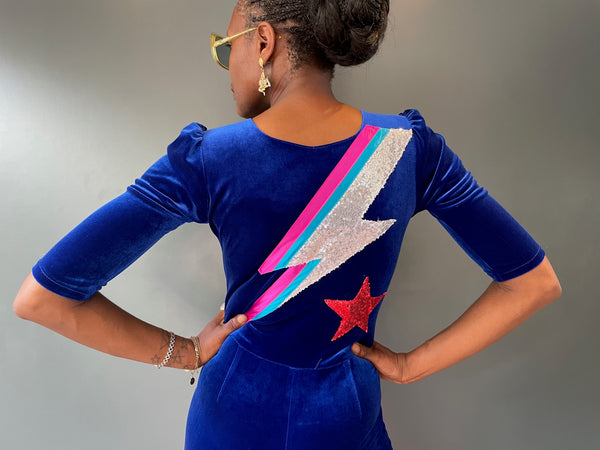 Electric Blue Jumpsuit with David Bowie lightning bolt detail - back view close up