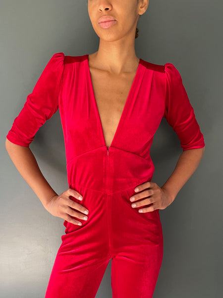 Ziggy Stardust Velvet Jumpsuit in red - front close up