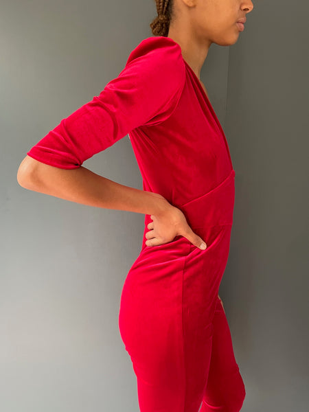 Ziggy Stardust Velvet Jumpsuit in red - side view close up