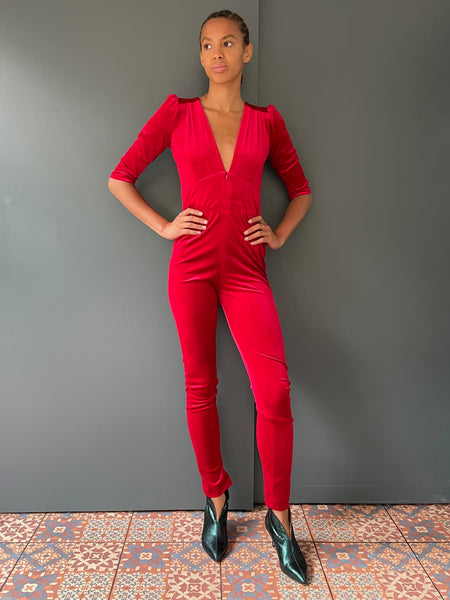 Ziggy Stardust Velvet Jumpsuit in red - full front